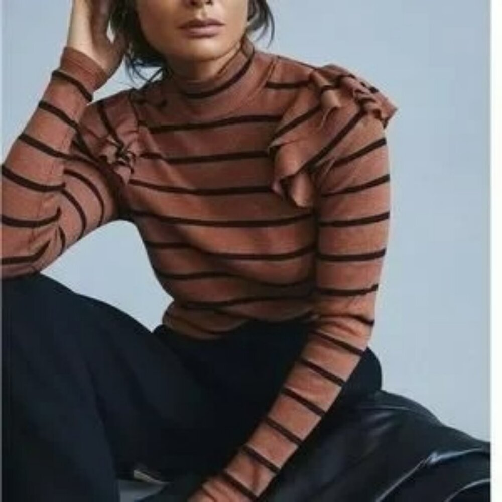 Striped Ruffle Shoulder Sweater — Brown